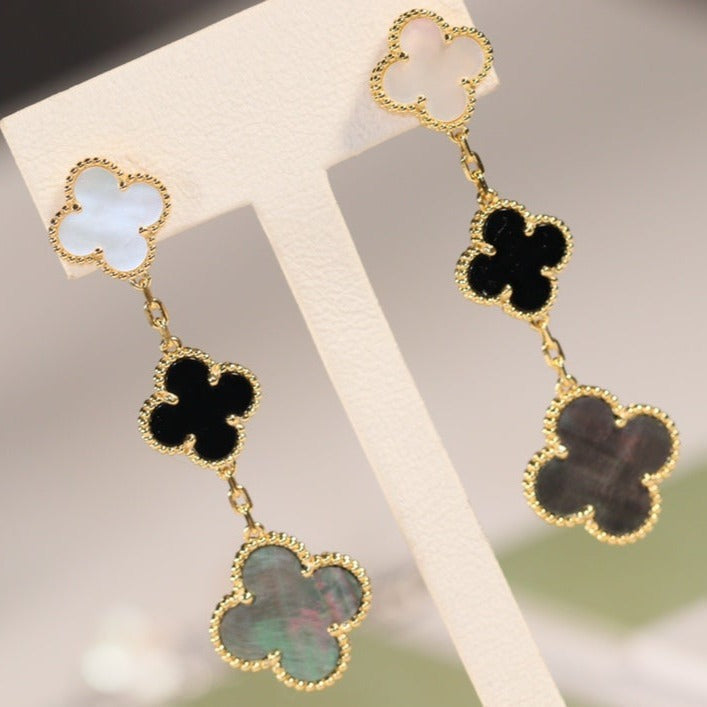 [Triumph Jewelry]CLOVER EARRINGS GOLD ONYX MOP 3 MOTIF