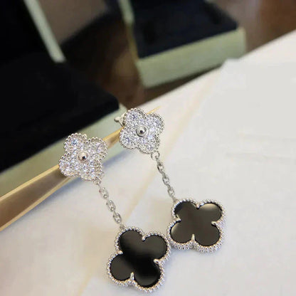 [Triumph Jewelry]CLOVER 2 MOTIFS  DIAMOND ONYX EARRINGS SILVER