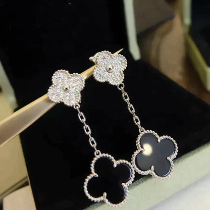 [Triumph Jewelry]CLOVER 2 MOTIFS  DIAMOND ONYX EARRINGS SILVER