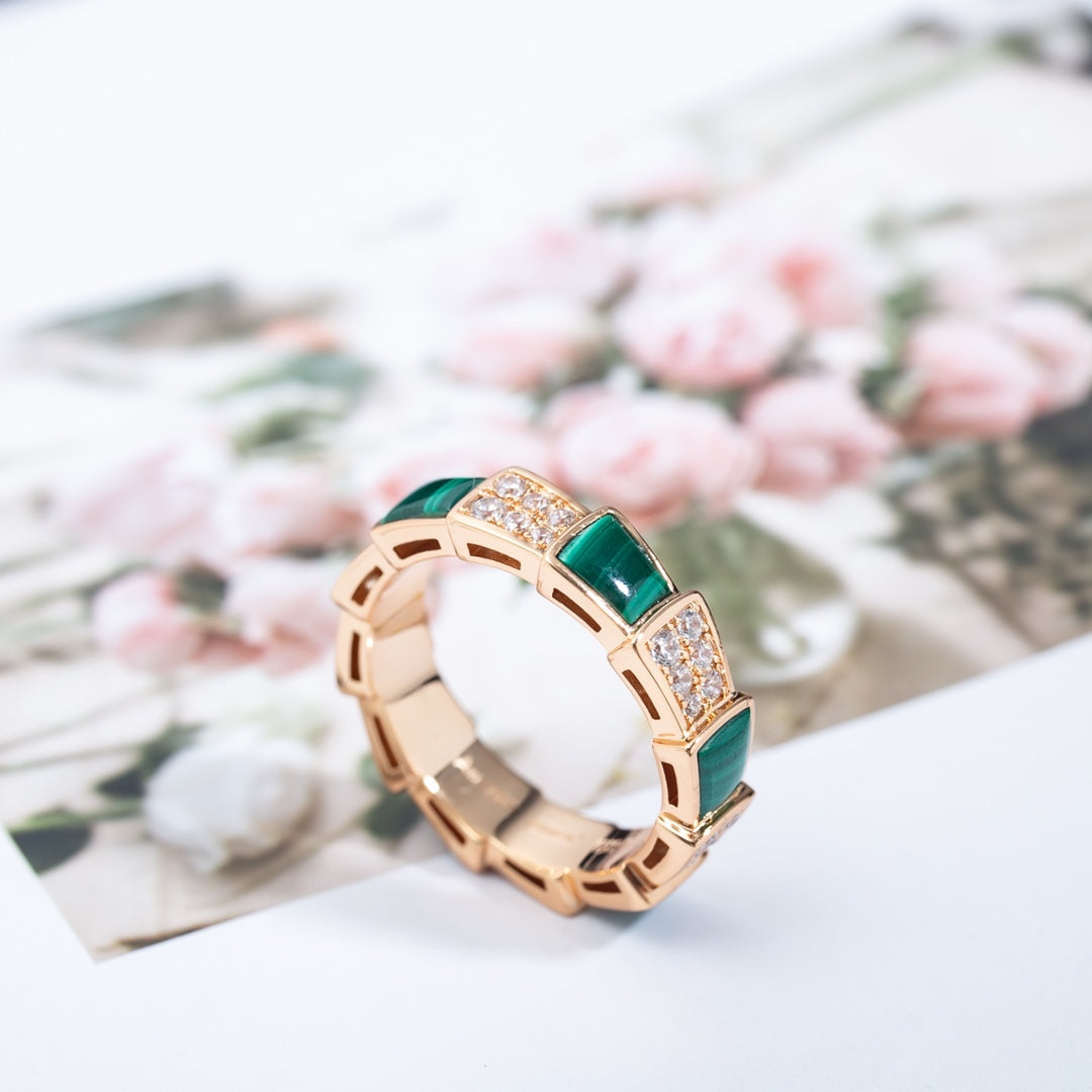 [Triumph Jewelry]SERPENTI RING PINK GOLD MALACHITE DIAMOND PAVED 4MM
