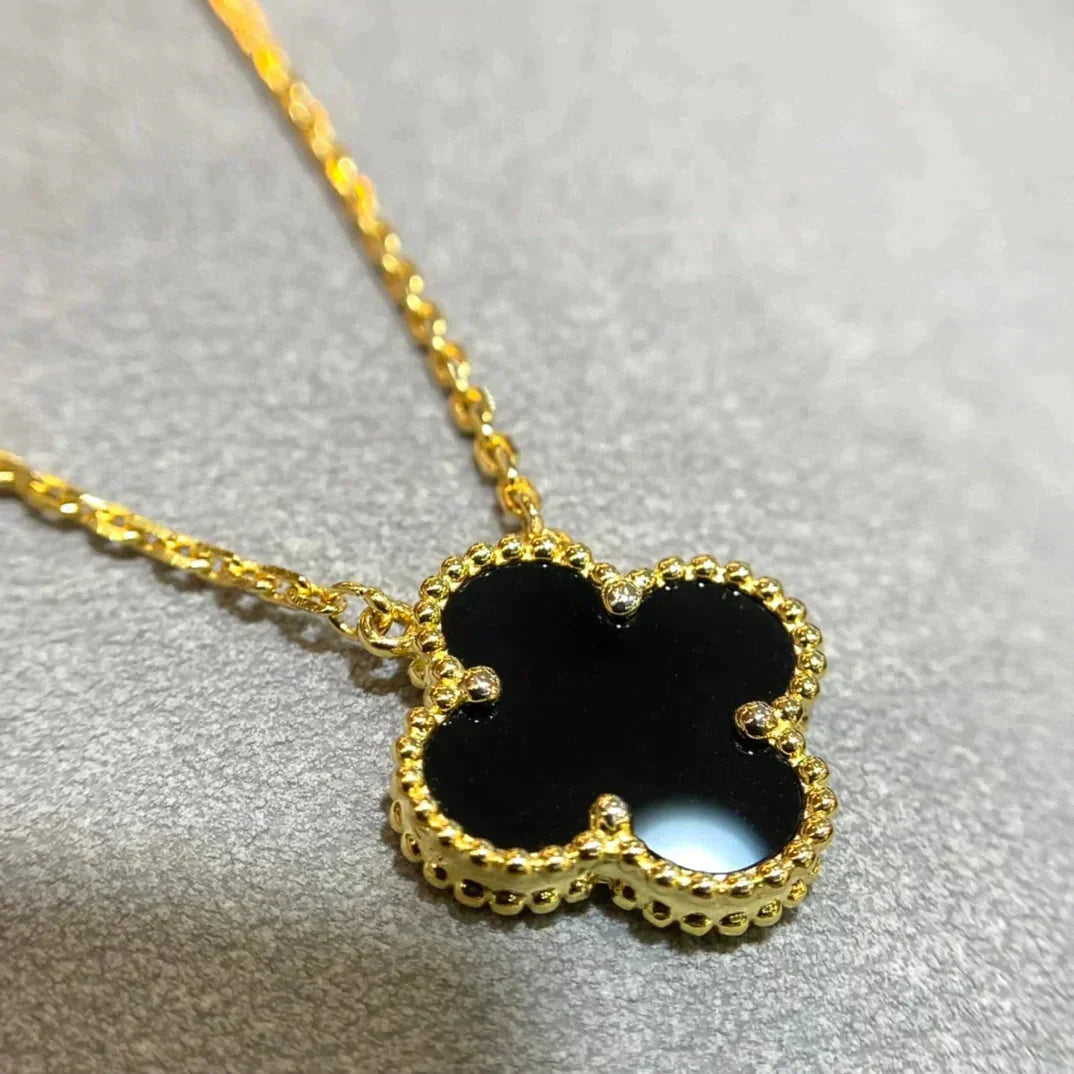 [Triumph Jewelry]CLOVER 15MM BLACK ONYX SINGLE FLOWER NECKLACE