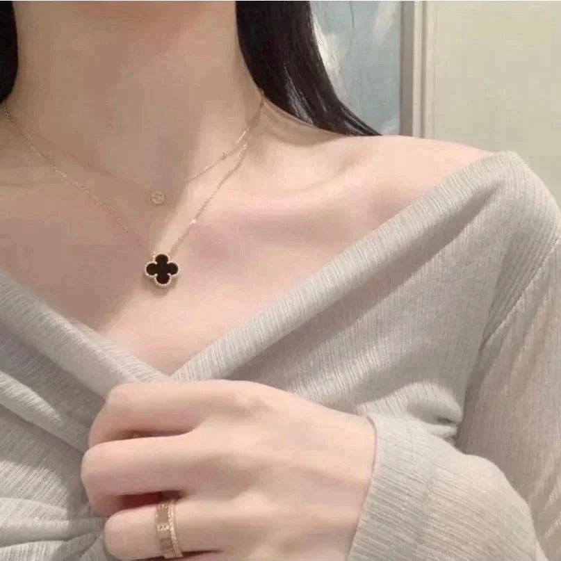 [Triumph Jewelry]CLOVER 15MM BLACK ONYX SINGLE FLOWER NECKLACE