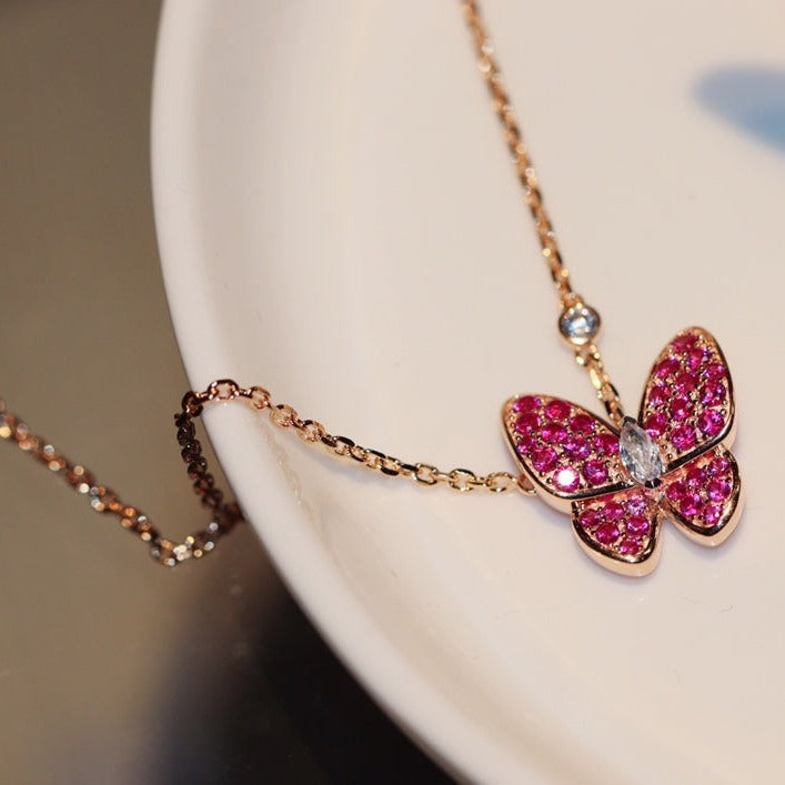 [Triumph Jewelry]BUTTERFLY RED DIAMOND ROSE GOLD NECKLACE