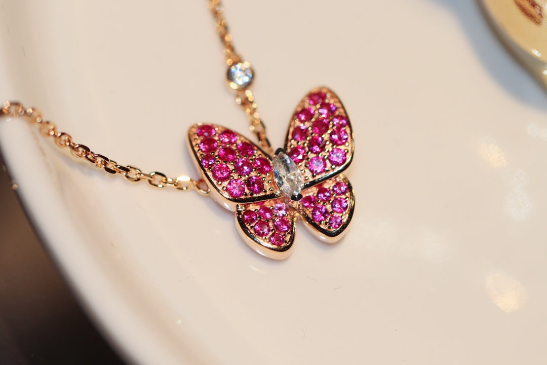 [Triumph Jewelry]BUTTERFLY RED DIAMOND ROSE GOLD NECKLACE