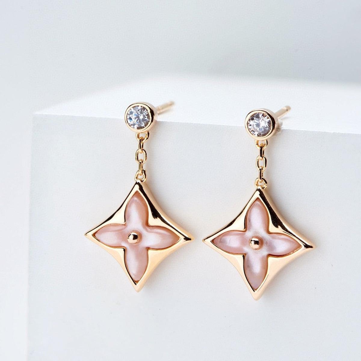 [Triumph Jewelry]DOUBLE STAR PINK GOLD MOP DROP EARRINGS