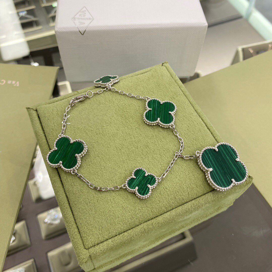 [Triumph Jewelry]CLOVER 5 MOTIFS SIVLER MALACHITE BRACELET