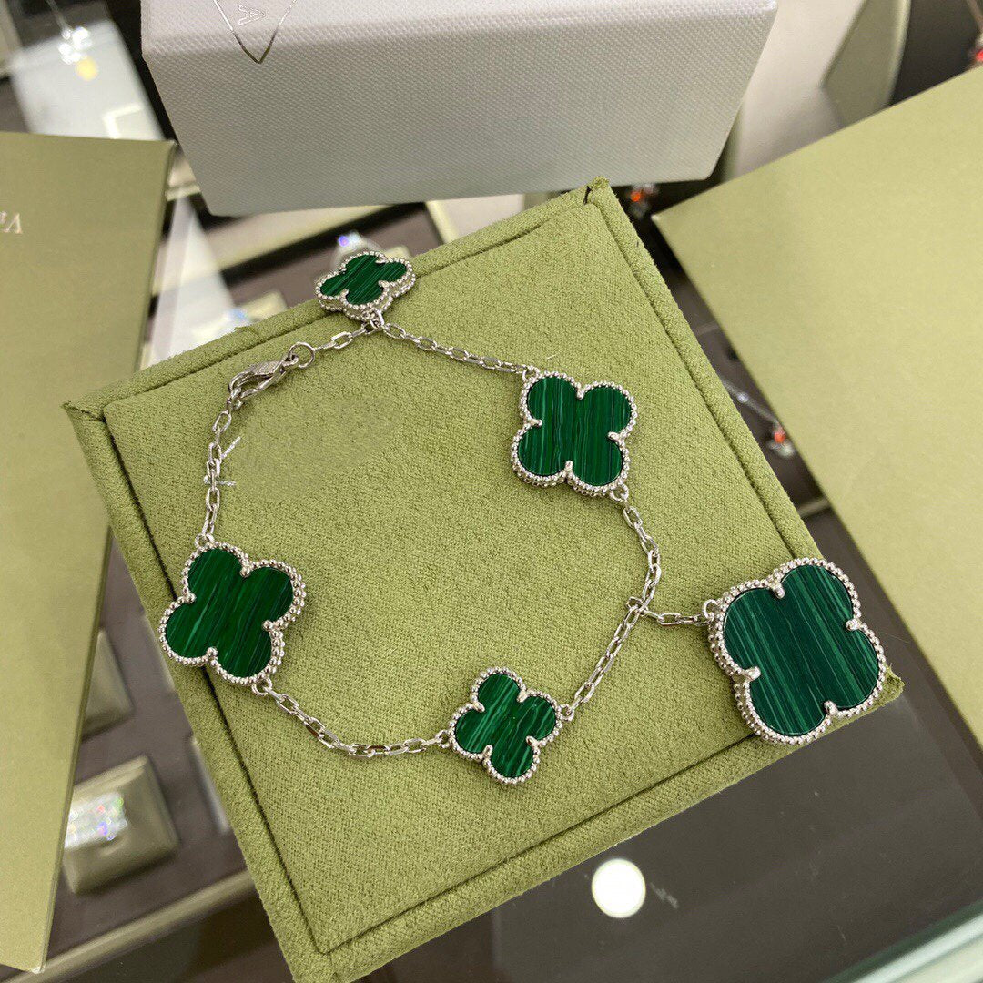 [Triumph Jewelry]CLOVER 5 MOTIFS SIVLER MALACHITE BRACELET