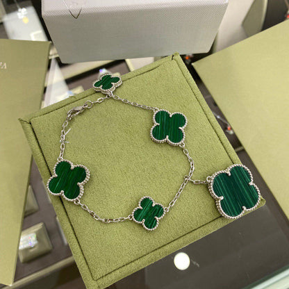 [Triumph Jewelry]CLOVER 5 MOTIFS SIVLER MALACHITE BRACELET
