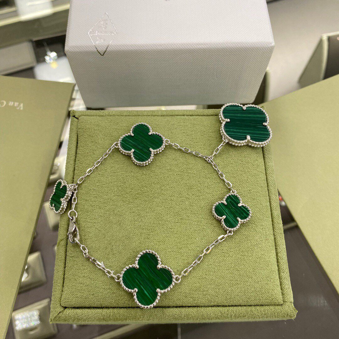 [Triumph Jewelry]CLOVER 5 MOTIFS SIVLER MALACHITE BRACELET