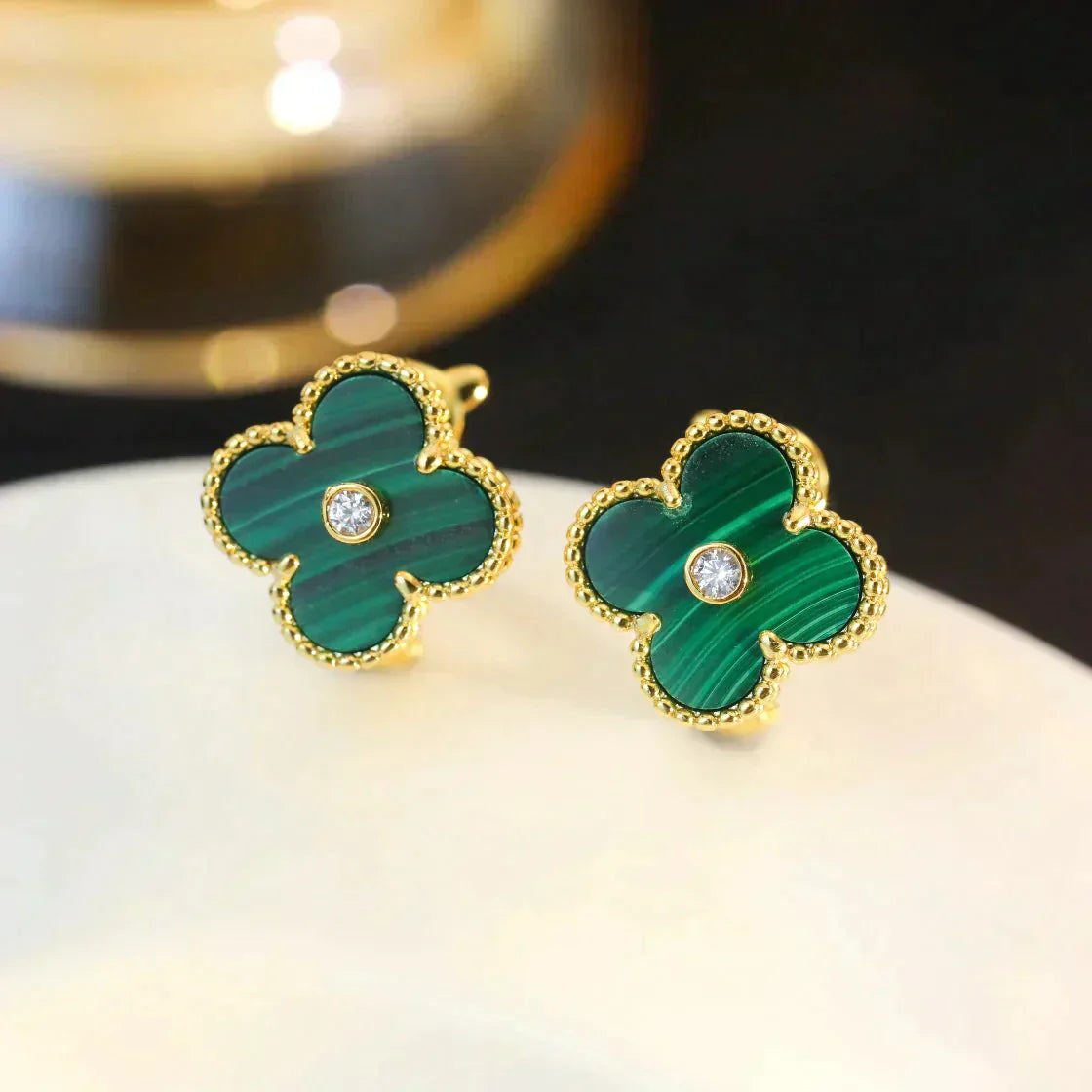 [Triumph Jewelry]CLOVER MEDIUM 1 MOTIFS MALACHITE DIAMOND EARRINGS