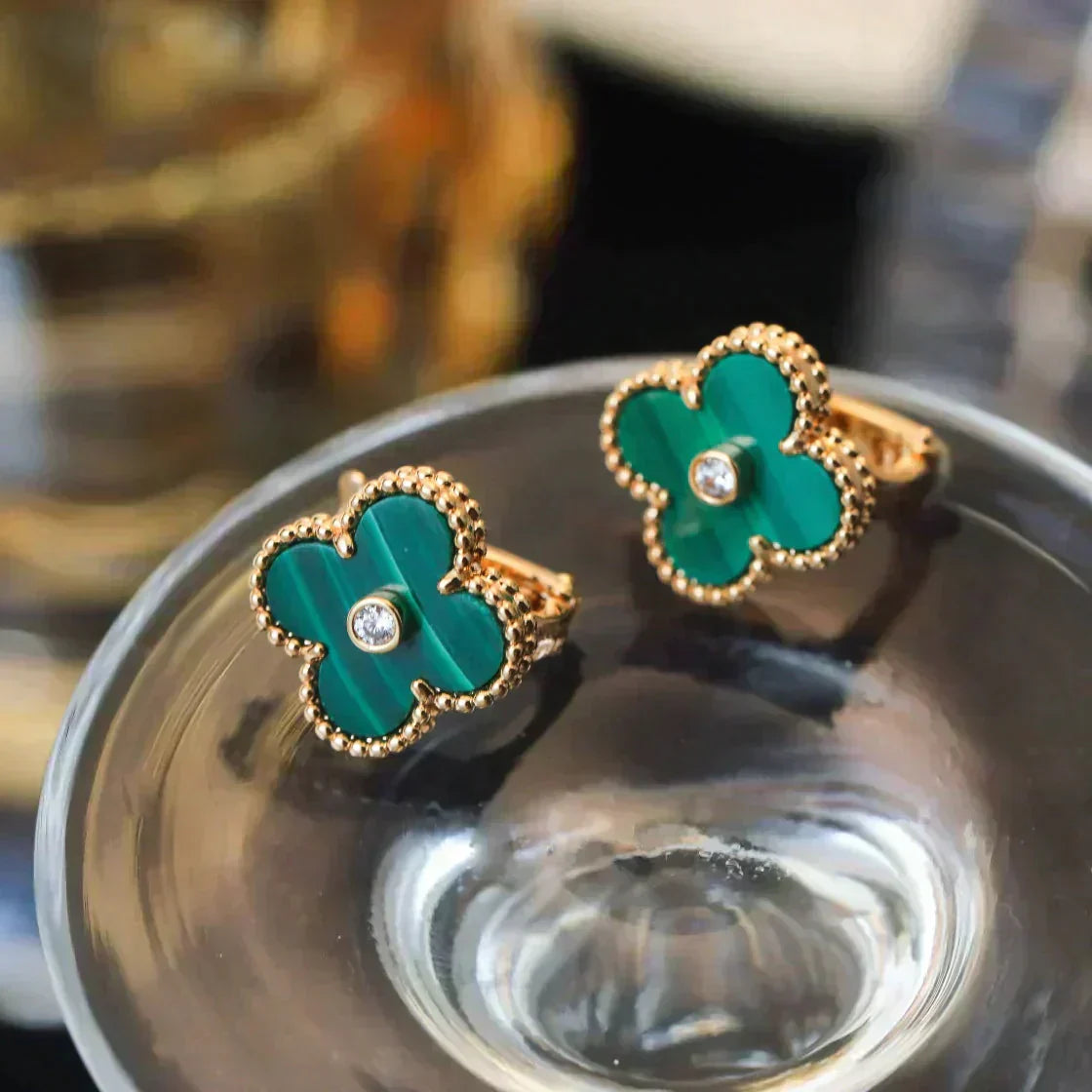[Triumph Jewelry]CLOVER MEDIUM 1 MOTIFS MALACHITE DIAMOND EARRINGS