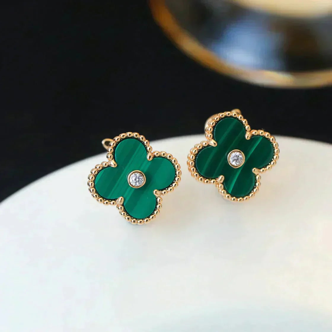 [Triumph Jewelry]CLOVER MEDIUM 1 MOTIFS MALACHITE DIAMOND EARRINGS