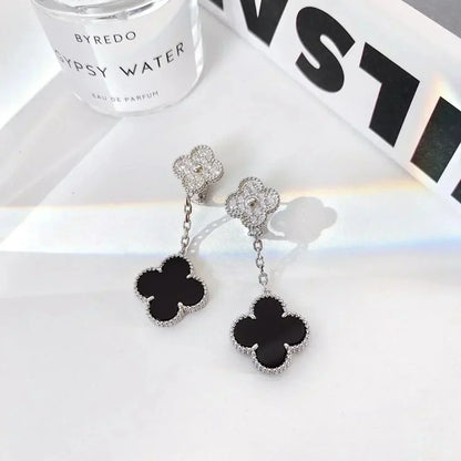 [Triumph Jewelry]CLOVER 2 MOTIFS  DIAMOND ONYX EARRINGS SILVER