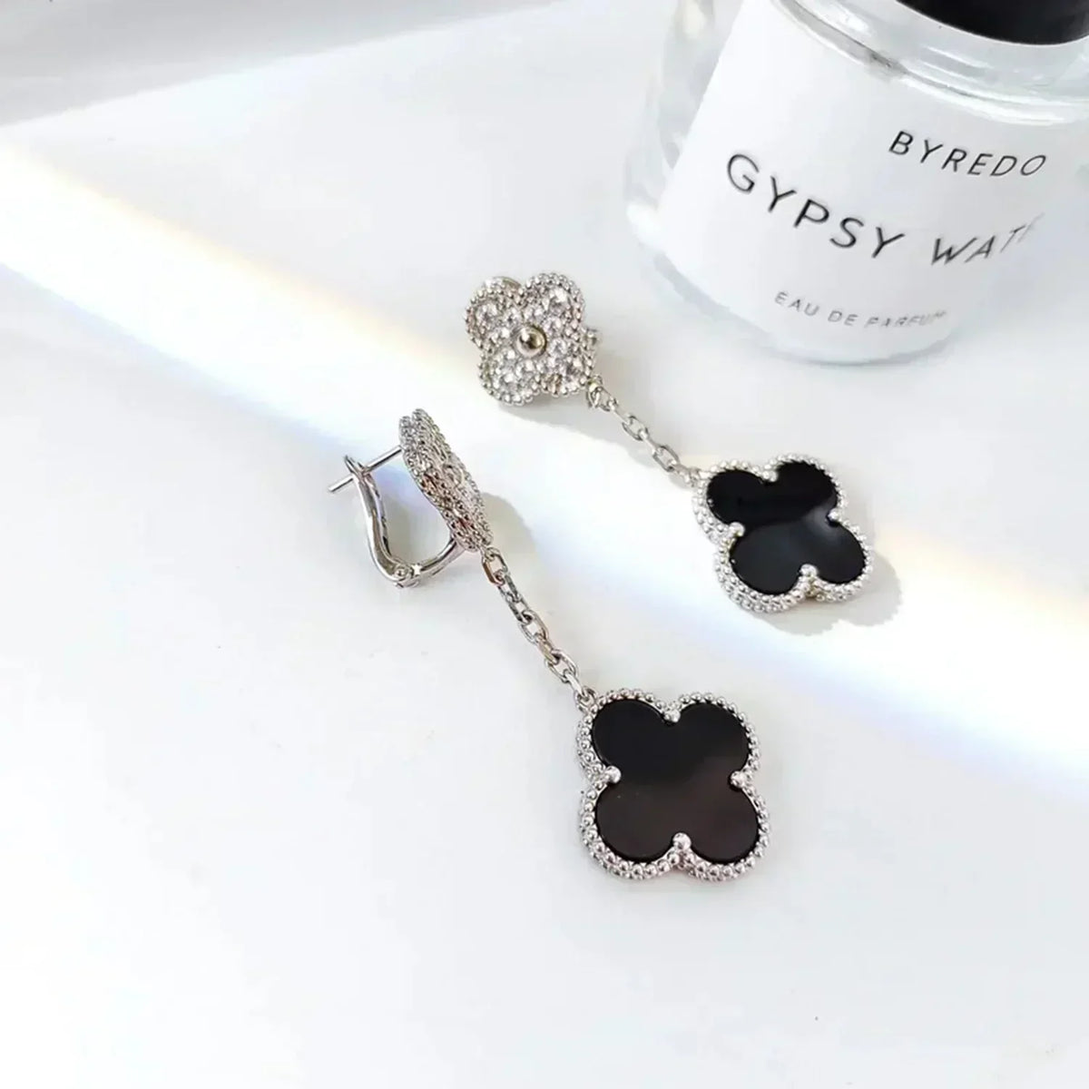 [Triumph Jewelry]CLOVER 2 MOTIFS  DIAMOND ONYX EARRINGS SILVER