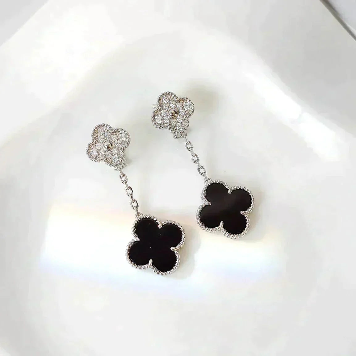 [Triumph Jewelry]CLOVER 2 MOTIFS  DIAMOND ONYX EARRINGS SILVER