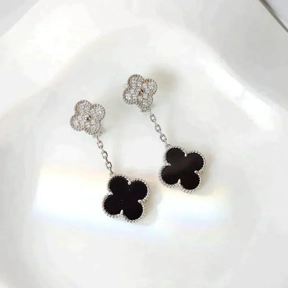 [Triumph Jewelry]CLOVER 2 MOTIFS  DIAMOND ONYX EARRINGS SILVER