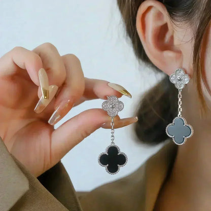 [Triumph Jewelry]CLOVER 2 MOTIFS  DIAMOND ONYX EARRINGS SILVER