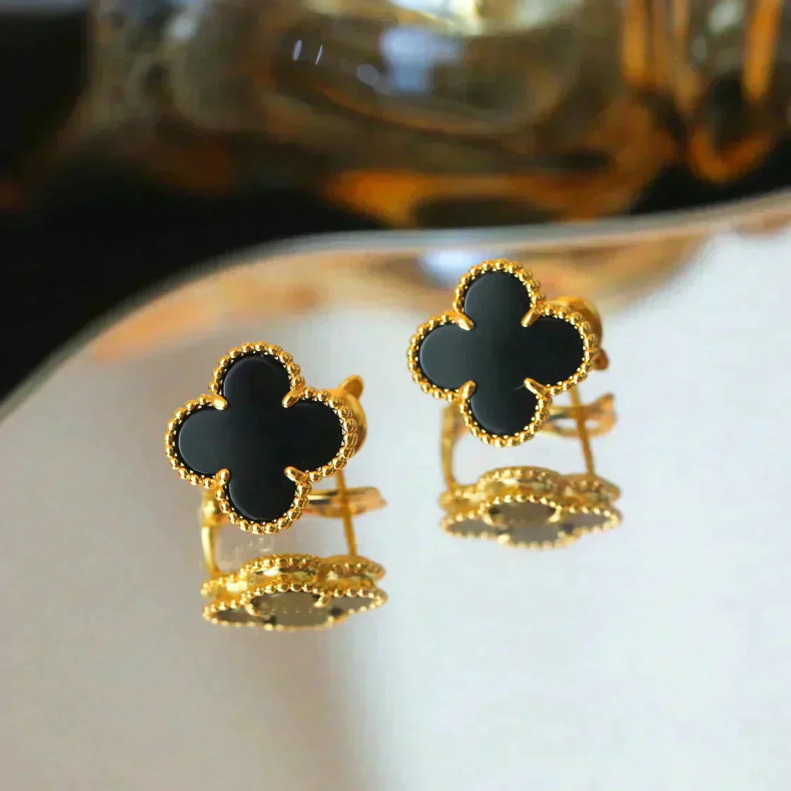 [Triumph Jewelry]CLOVER MEDIUM 1 MOTIFS  ONYX STUD EARRINGS