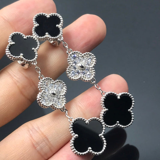 [Triumph Jewelry]CLOVER 3 MOTIF DIAMOND ONYX SILVER EARRINGS