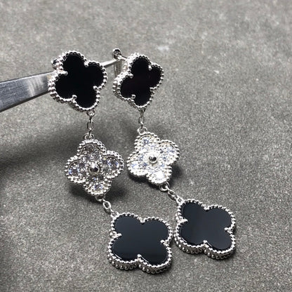 [Triumph Jewelry]CLOVER 3 MOTIF DIAMOND ONYX SILVER EARRINGS