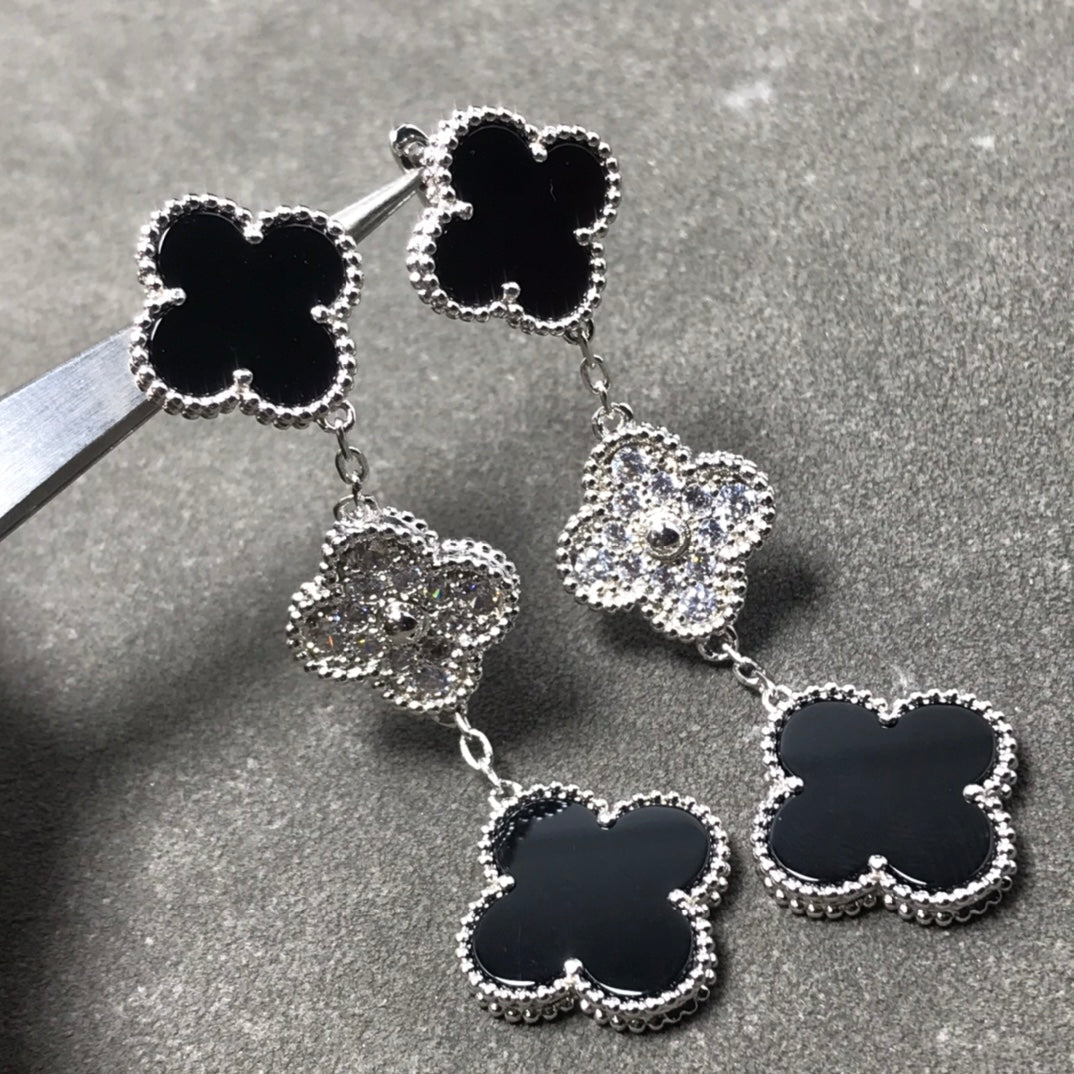 [Triumph Jewelry]CLOVER 3 MOTIF DIAMOND ONYX SILVER EARRINGS