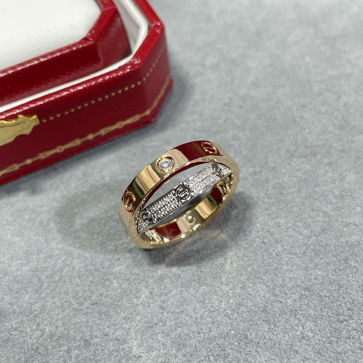 [Triumph Jewelry]LOVE PINK GOLD SILVER DIAMOND DOUBLE RING