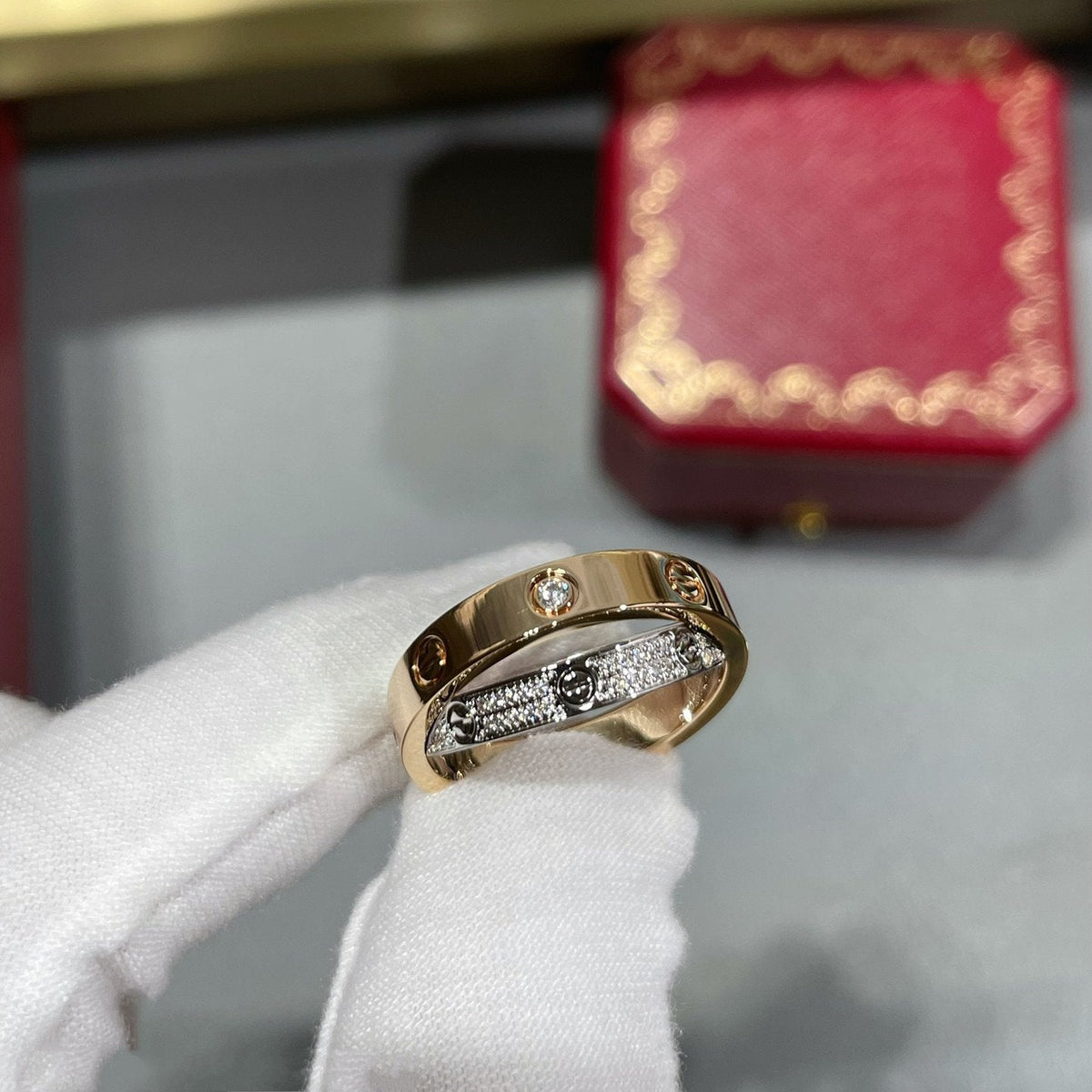 [Triumph Jewelry]LOVE PINK GOLD SILVER DIAMOND DOUBLE RING