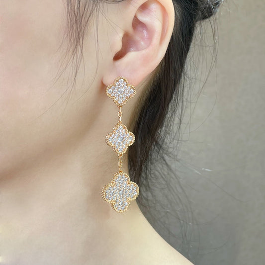 [Triumph Jewelry]CLOVER 3 MOTIFS DIAMOND PAVED ROSE GOLD EARRINGS