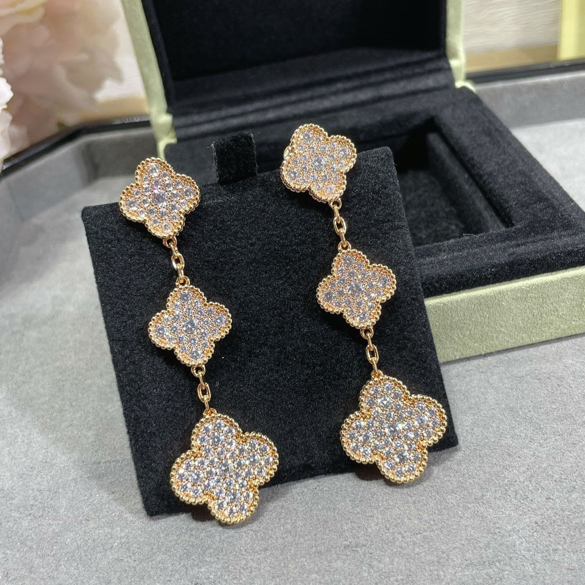 [Triumph Jewelry]CLOVER 3 MOTIFS DIAMOND PAVED ROSE GOLD EARRINGS