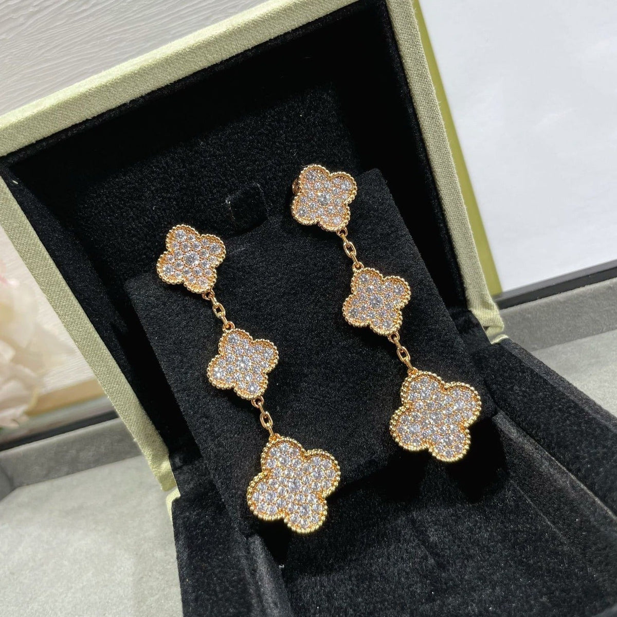 [Triumph Jewelry]CLOVER 3 MOTIFS DIAMOND PAVED ROSE GOLD EARRINGS