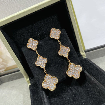 [Triumph Jewelry]CLOVER 3 MOTIFS DIAMOND PAVED ROSE GOLD EARRINGS