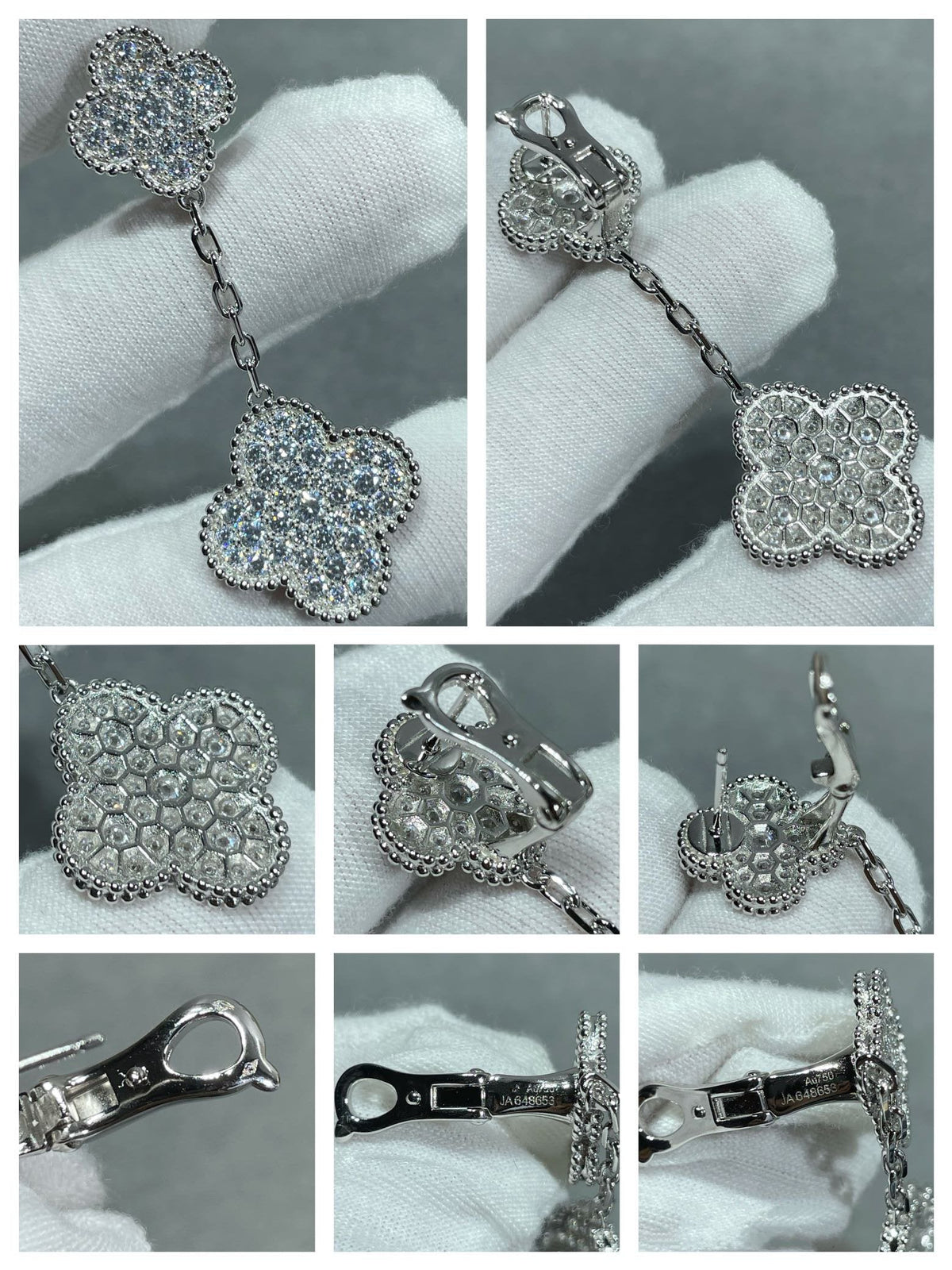 [Triumph Jewelry]CLOVER 2 MOTIFS DIAMOND PAVED SILVER EARRINGS