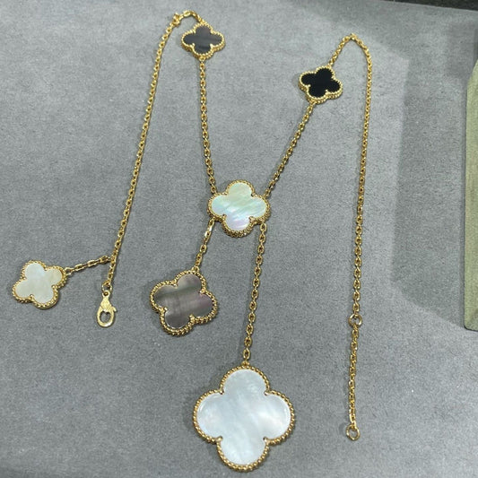 [Triumph Jewelry]CLOVER 6 MOTIF MOP ONYX GOLD NECKLACE
