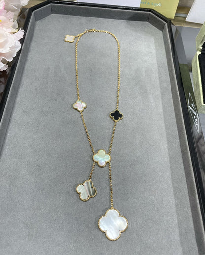[Triumph Jewelry]CLOVER 6 MOTIF MOP ONYX GOLD NECKLACE