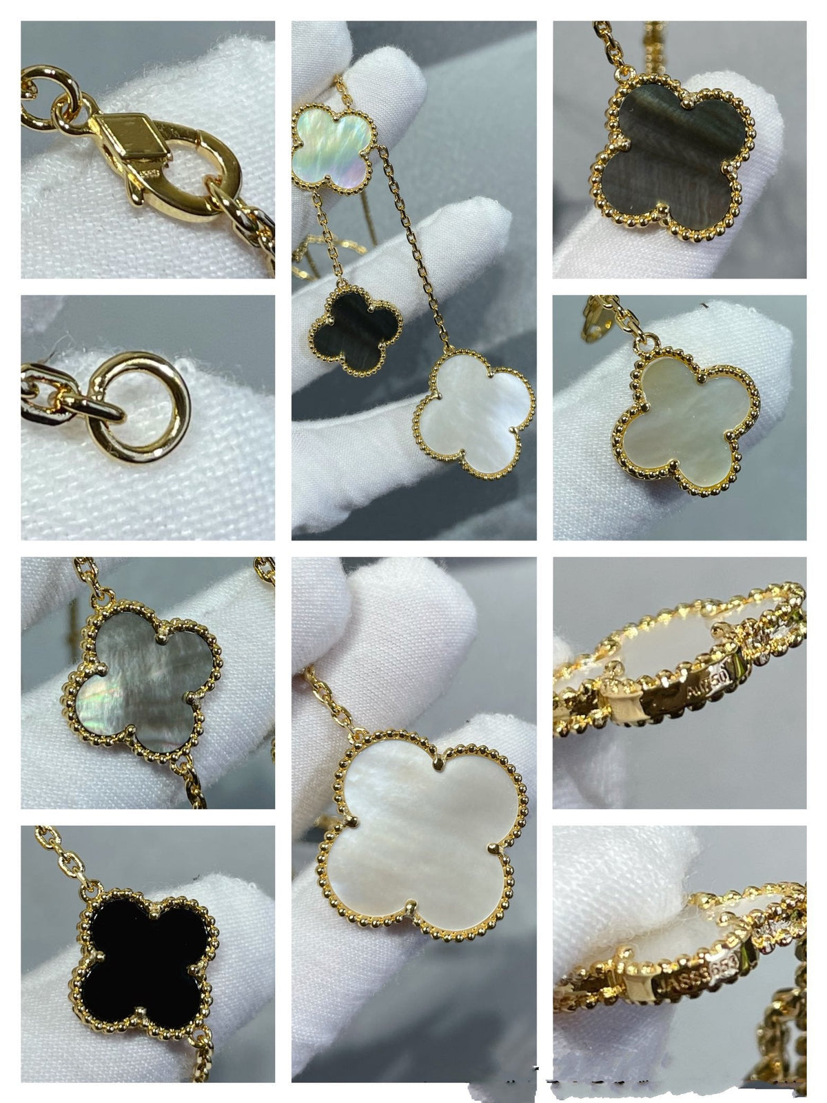 [Triumph Jewelry]CLOVER 6 MOTIF MOP ONYX GOLD NECKLACE