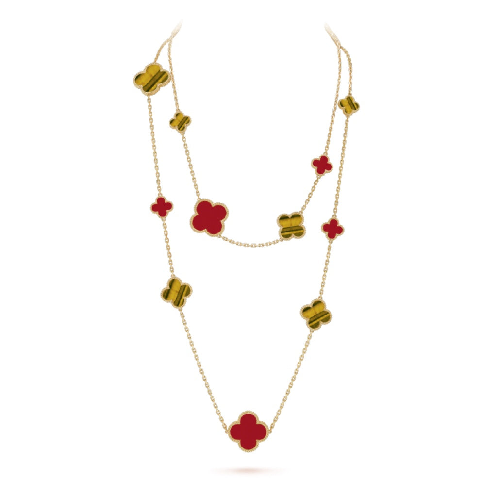 [Triumph Jewelry]CLOVER 16 MOTIF CARNELIAN TIGER EYE ROSE GOLD NECKLACE