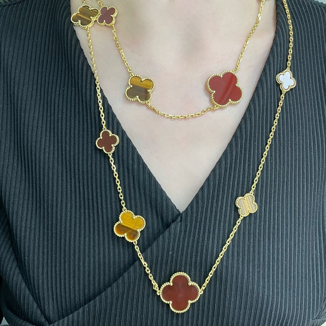 [Triumph Jewelry]CLOVER 16 MOTIF CARNELIAN TIGER EYE ROSE GOLD NECKLACE