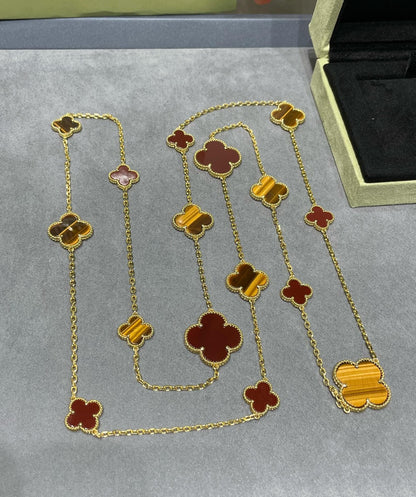 [Triumph Jewelry]CLOVER 16 MOTIF CARNELIAN TIGER EYE ROSE GOLD NECKLACE