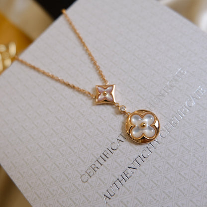 [Triumph Jewelry]STAR AND SUN WHITE MOP 2 MOTIF PINK GOLD NECKLACE