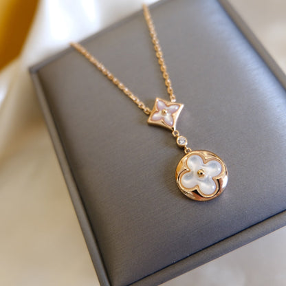 [Triumph Jewelry]STAR AND SUN WHITE MOP 2 MOTIF PINK GOLD NECKLACE
