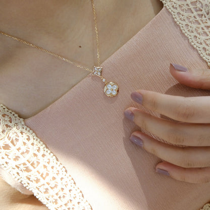 [Triumph Jewelry]STAR AND SUN WHITE MOP 2 MOTIF PINK GOLD NECKLACE