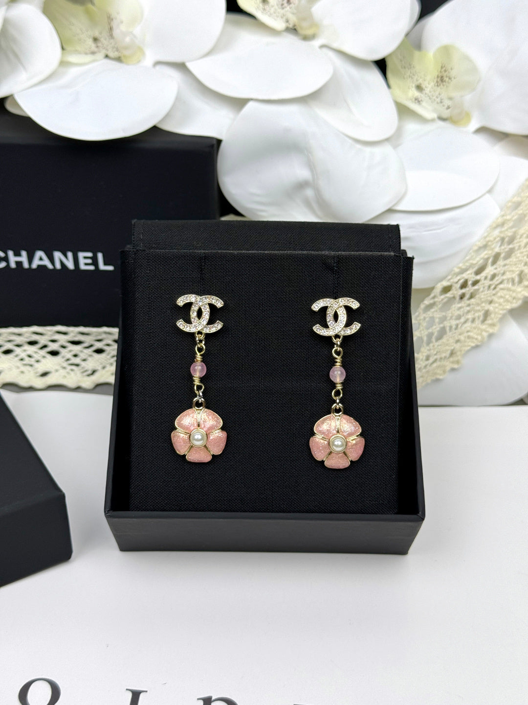 [Triumph Jewelry]26C Pink Camellia Enamel Pendant with Double C Earrings