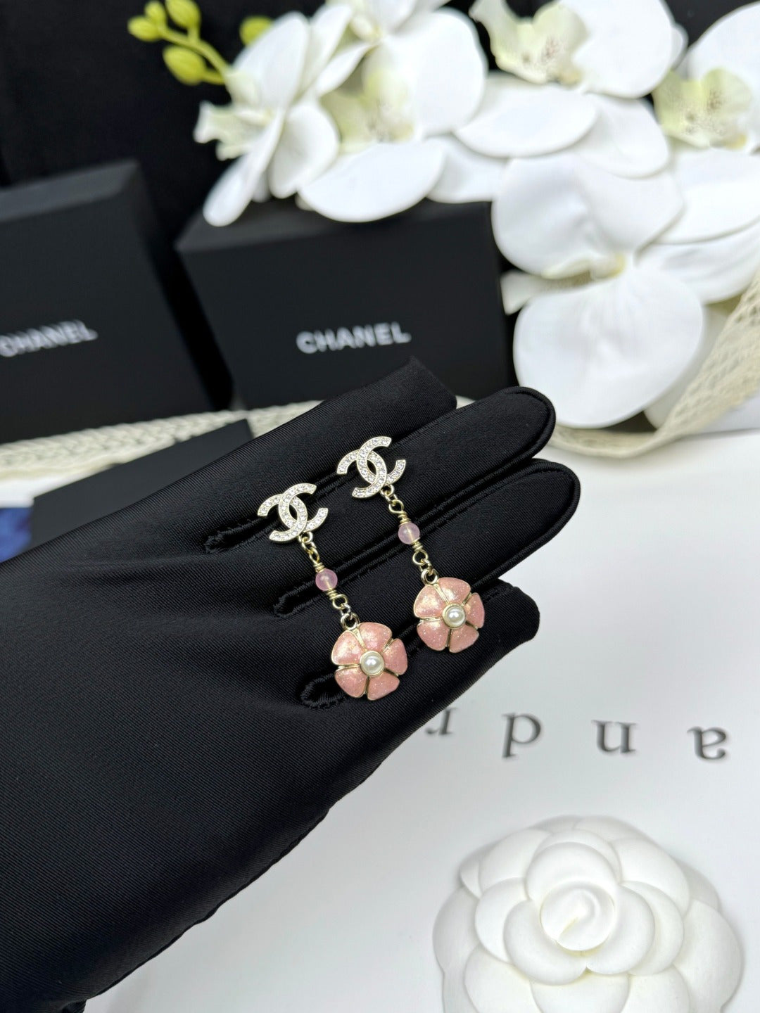 [Triumph Jewelry]26C Pink Camellia Enamel Pendant with Double C Earrings