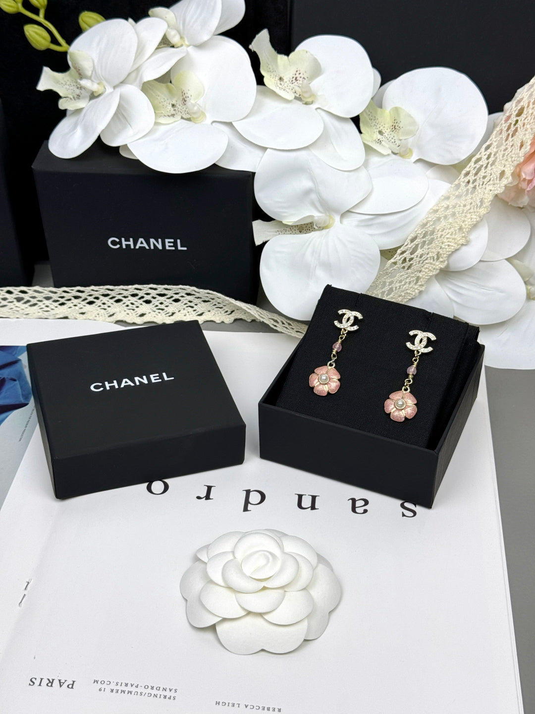 [Triumph Jewelry]26C Pink Camellia Enamel Pendant with Double C Earrings