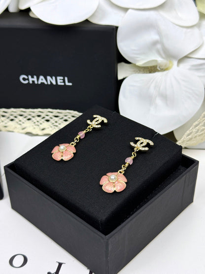[Triumph Jewelry]26C Pink Camellia Enamel Pendant with Double C Earrings