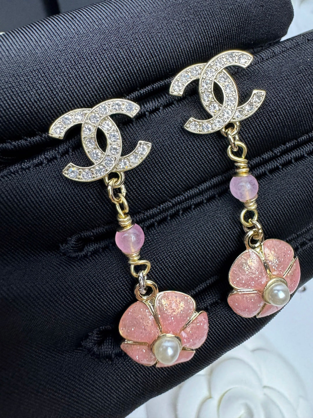 [Triumph Jewelry]26C Pink Camellia Enamel Pendant with Double C Earrings