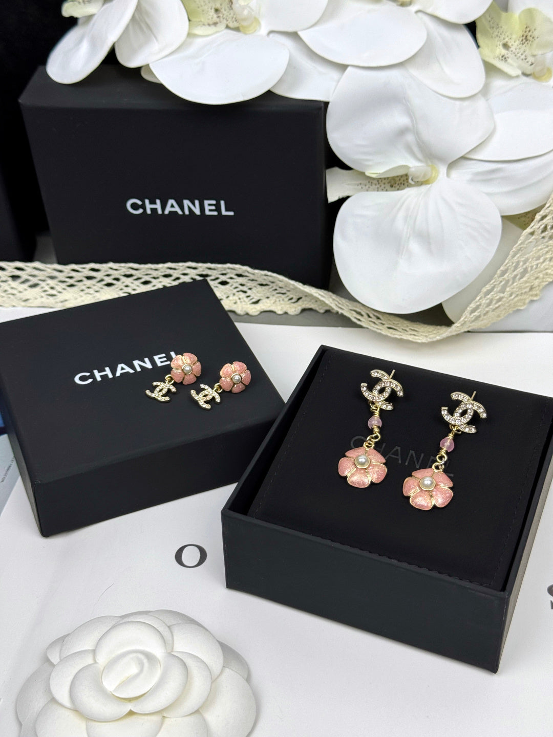 [Triumph Jewelry]26C Pink Camellia Enamel Pendant with Double C Earrings