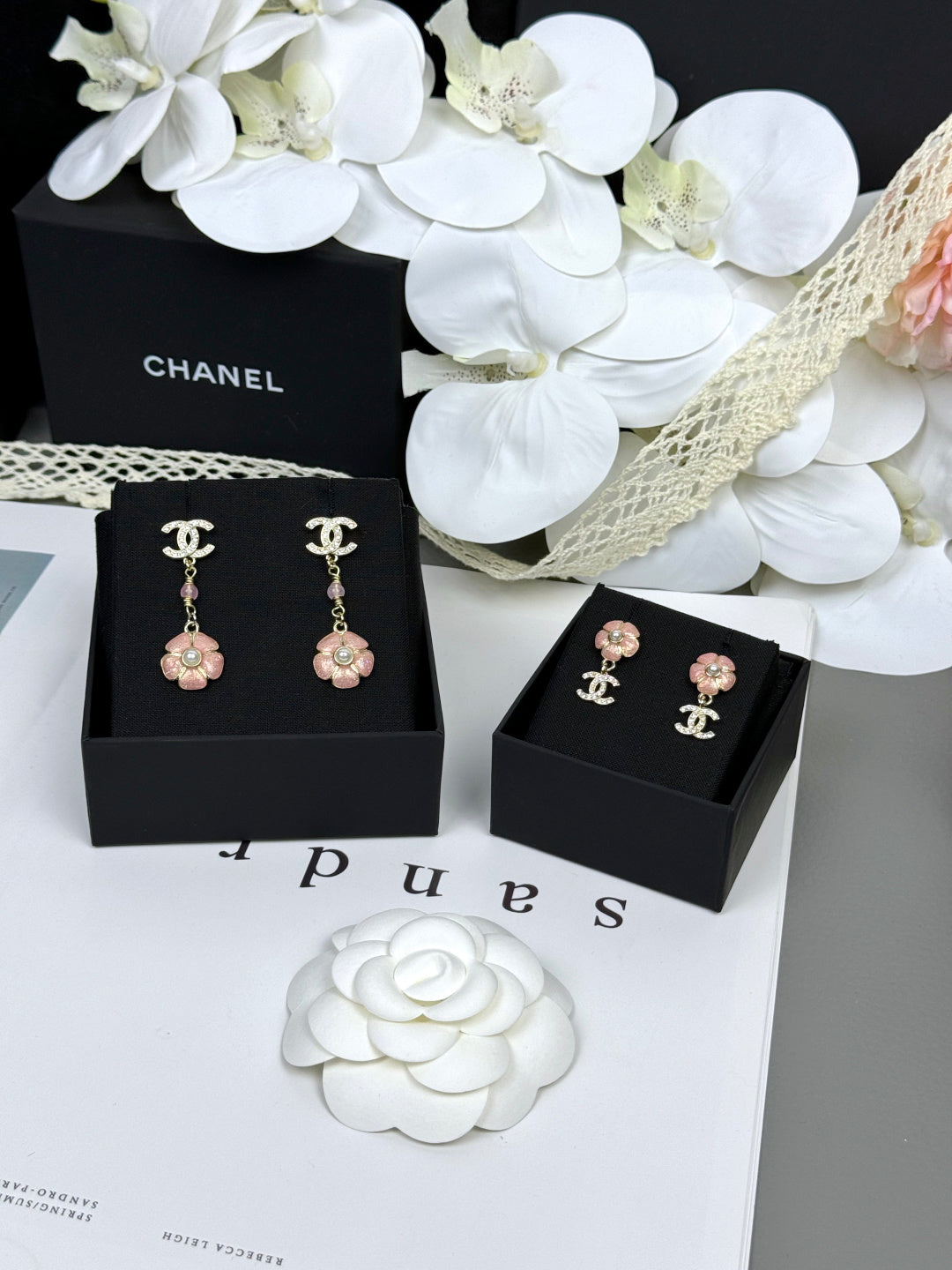 [Triumph Jewelry]26C Pink Camellia Enamel Pendant with Double C Earrings