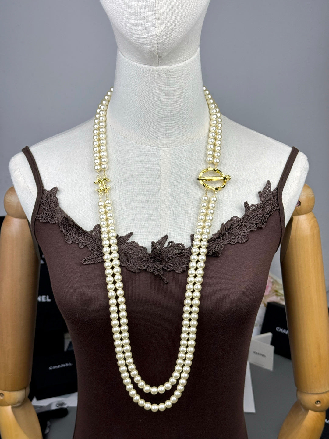 [Triumph Jewelry]25K Pencil Double C Double-Layer Pearl Sweater Chain