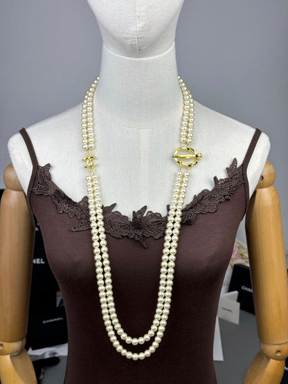 [Triumph Jewelry]25K Pencil Double C Double-Layer Pearl Sweater Chain